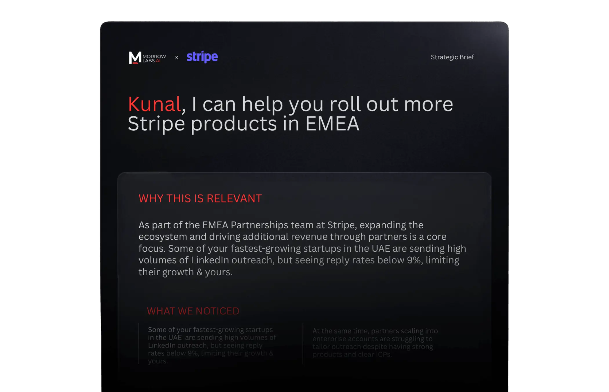Personalized 1-pager for Kunal showing Stripe products in EMEA with sections for relevance and insights