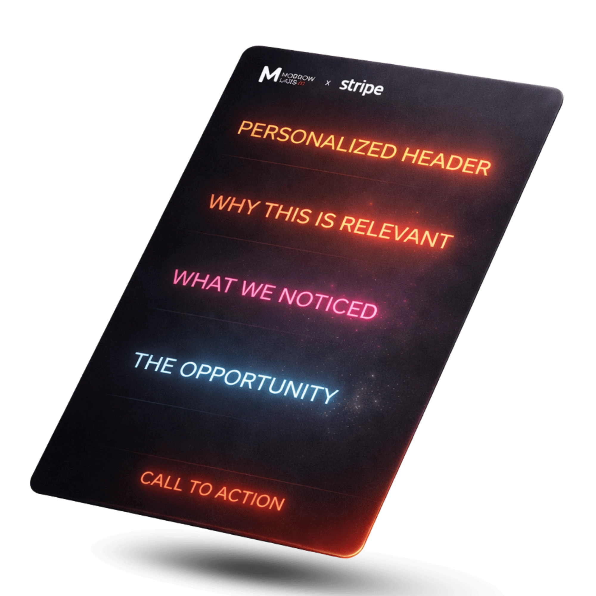 Personalized 1-pager template showing sections for header, relevance, insights, opportunity, and call to action